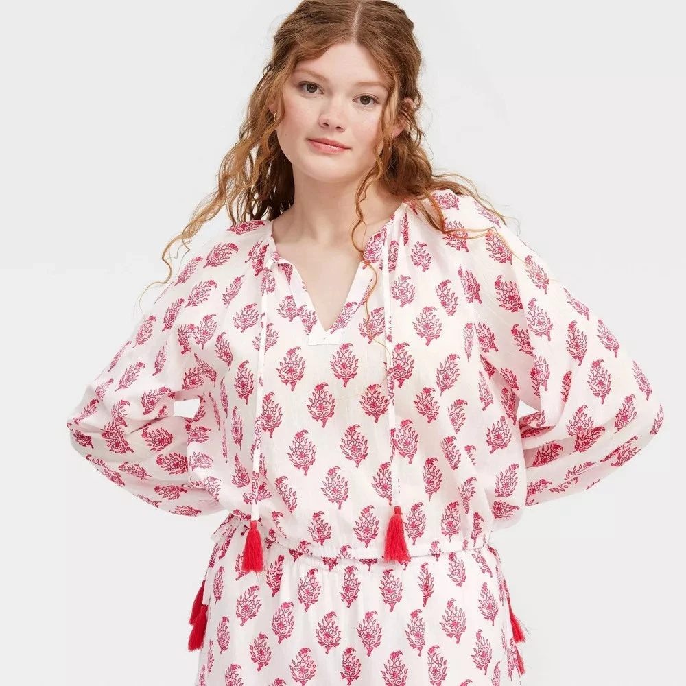 Women Bouquet Long Sleeve Tie Neck Boho Top Roller Rabbit Medium NWT